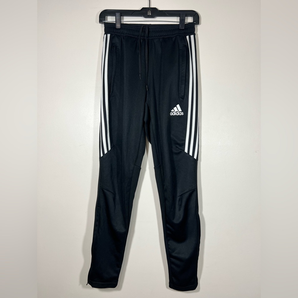 Adidas Womens Track Pants Small Black White Stripes Polyester Tapered Leg Jogger